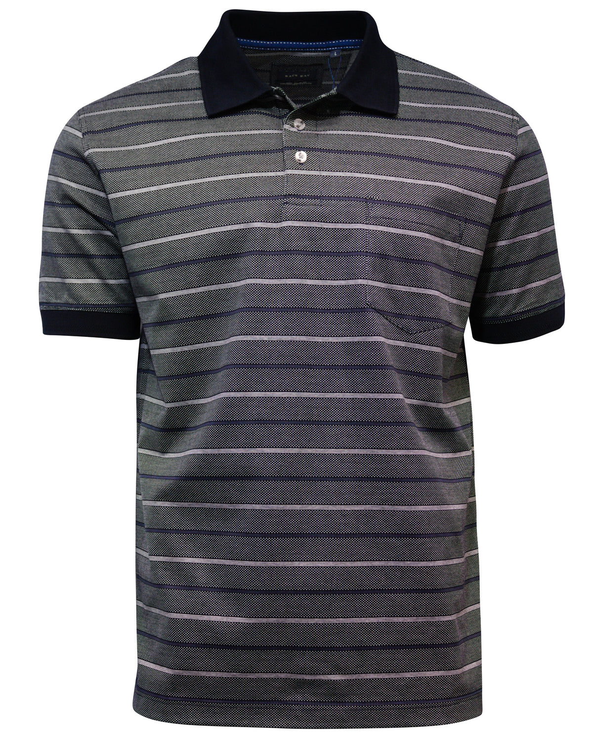 The Back Bay Mercerised Cotton Striped Polo offers a regular fit with a dark contrast collar and sleeve tips. It features horizontal grey and white stripes, complemented by a classic three-button placket.