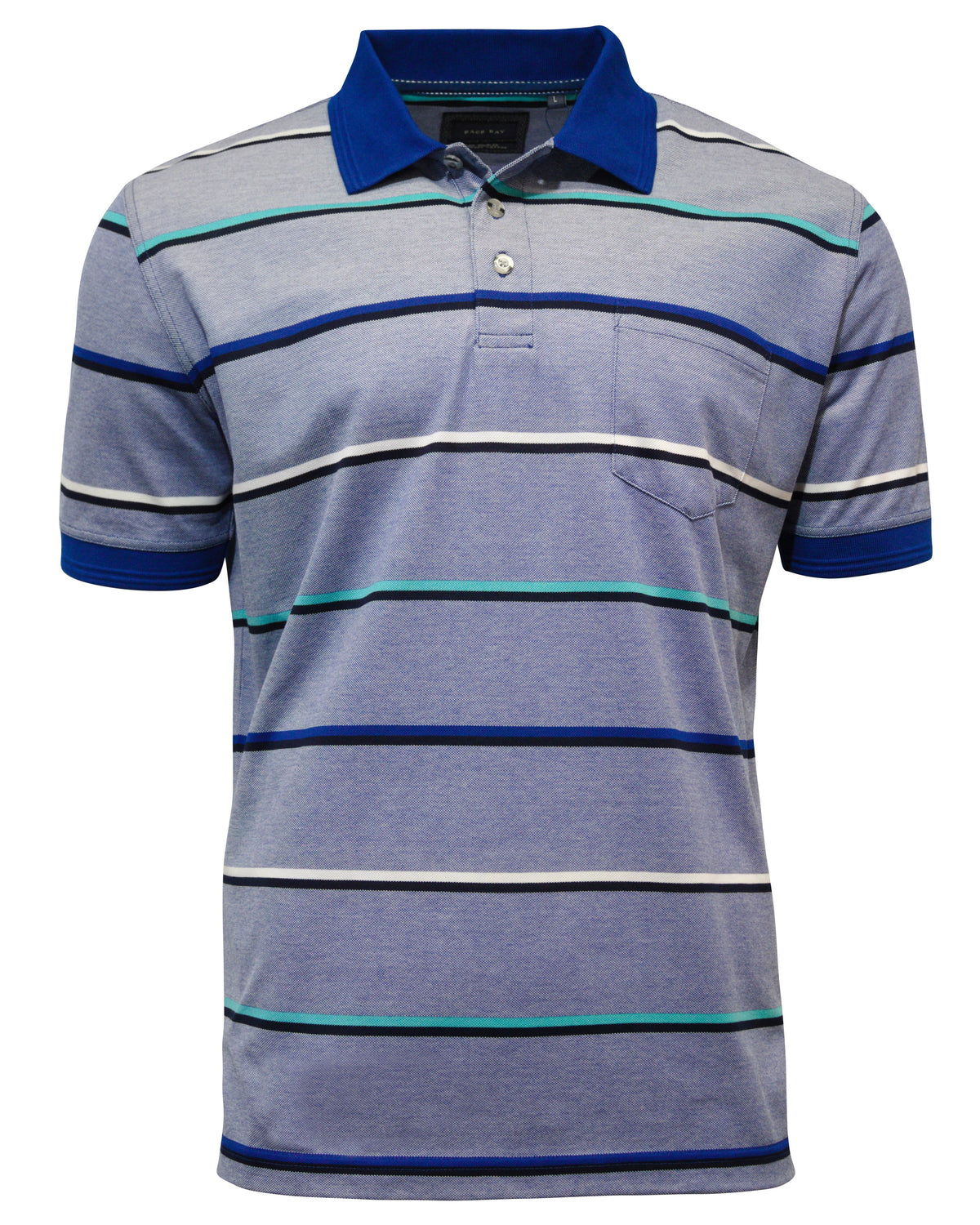 The Back Bay Mercerised Cotton Striped Polo features bold horizontal stripes in blue, green, white, and black on a light gray background, with a rib knit blue collar and a left chest pocket.