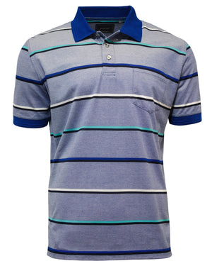 The Back Bay Mercerised Cotton Striped Polo features bold horizontal stripes in blue, green, white, and black on a light gray background, with a rib knit blue collar and a left chest pocket.
