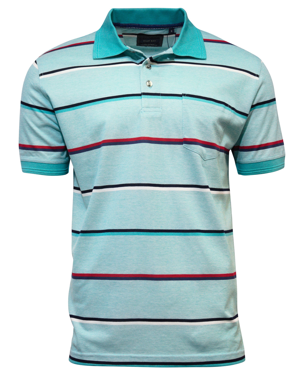 The Back Bay Mercerised Cotton Striped Polo is a short-sleeved, light blue shirt with a rib knit green collar and dark blue, white, and red horizontal stripes. It includes a chest pocket and two undone buttons at the top for a casual look.