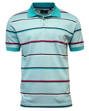The Back Bay Mercerised Cotton Striped Polo is a short-sleeved, light blue shirt with a rib knit green collar and dark blue, white, and red horizontal stripes. It includes a chest pocket and two undone buttons at the top for a casual look.