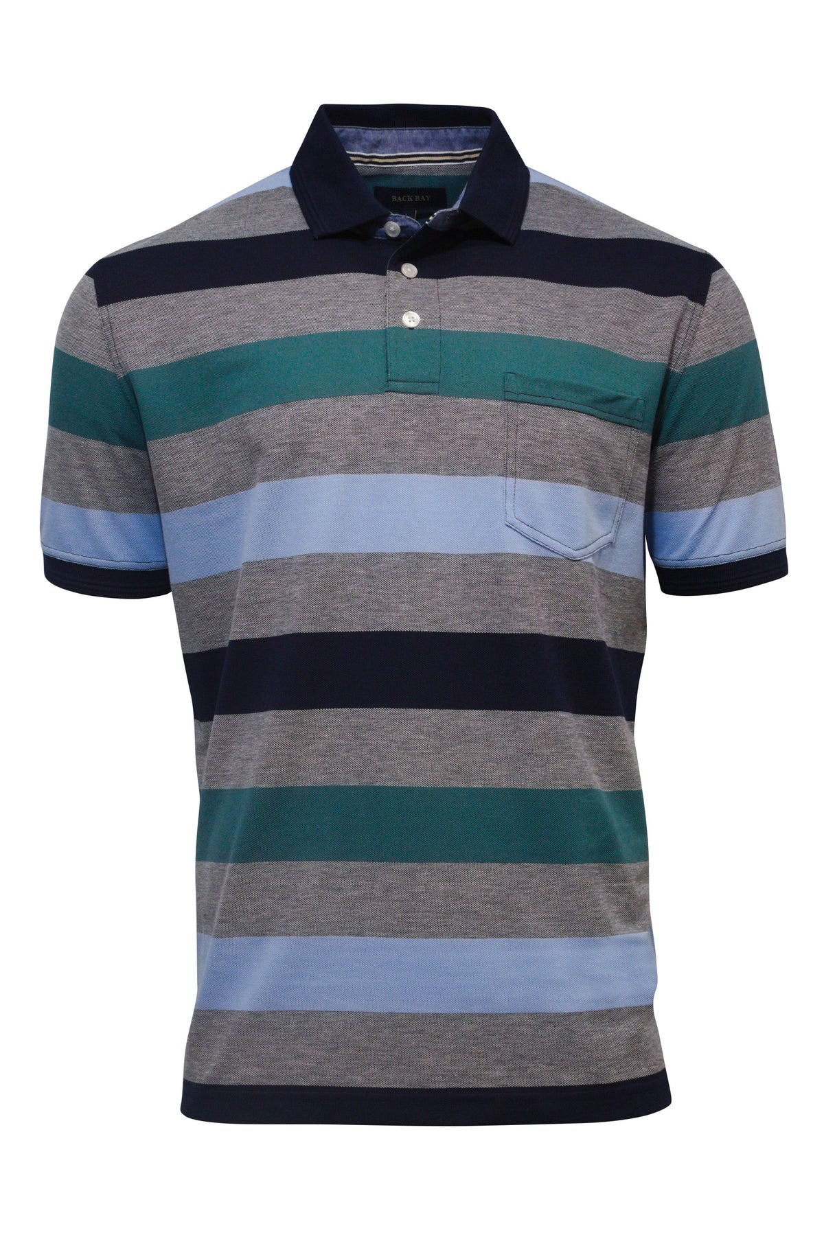 The Back Bay Striped Pique Polo features short sleeves, a classic collar, white placket buttons, and a left chest pocket. Made from a comfortable polyester/cotton blend, it boasts horizontal stripes in navy, gray, teal, and light blue.