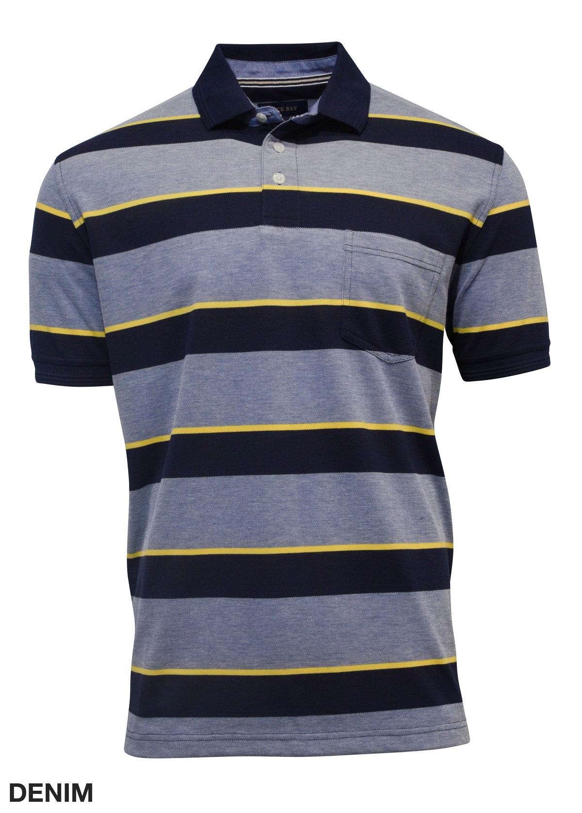 The Back Bay Striped Pique Polo, a polyester/cotton blend, features blue, gray, and yellow horizontal stripes. It includes short sleeves, a rib-knit collar, a chest pocket, and a button-up neckline with "DENIM" stylishly on the bottom left corner.
