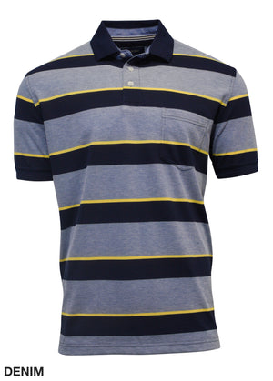 The Back Bay Striped Pique Polo, a polyester/cotton blend, features blue, gray, and yellow horizontal stripes. It includes short sleeves, a rib-knit collar, a chest pocket, and a button-up neckline with "DENIM" stylishly on the bottom left corner.