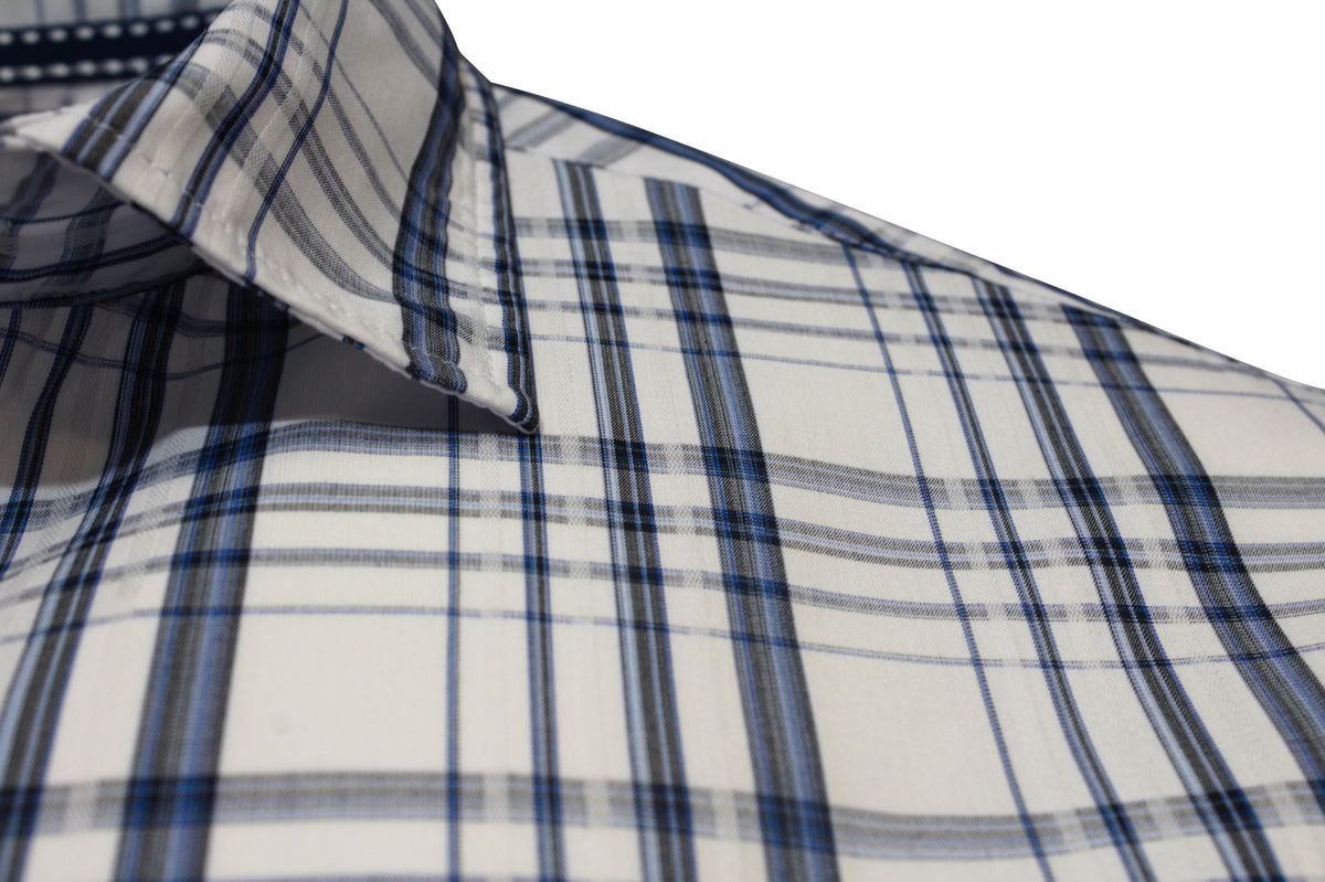 Close-up of the Back Bay Bamboo Soft Touch Check Short Sleeve Shirt, featuring a blue and black plaid pattern on white, crafted from a comfortable bamboo polyester blend with collar and shoulder detail against a white background.