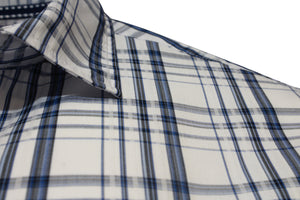Close-up of the Back Bay Bamboo Soft Touch Check Short Sleeve Shirt, featuring a blue and black plaid pattern on white, crafted from a comfortable bamboo polyester blend with collar and shoulder detail against a white background.