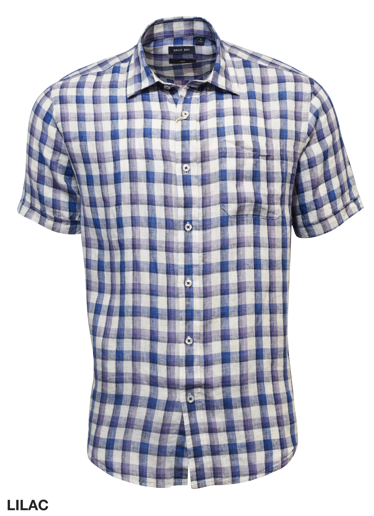 The Back Bay Linen Check Short Sleeve Shirt is a stylish, short-sleeved, button-up shirt with a blue, purple, and white plaid pattern and a chest pocket. "LILAC" appears in the lower left corner.
