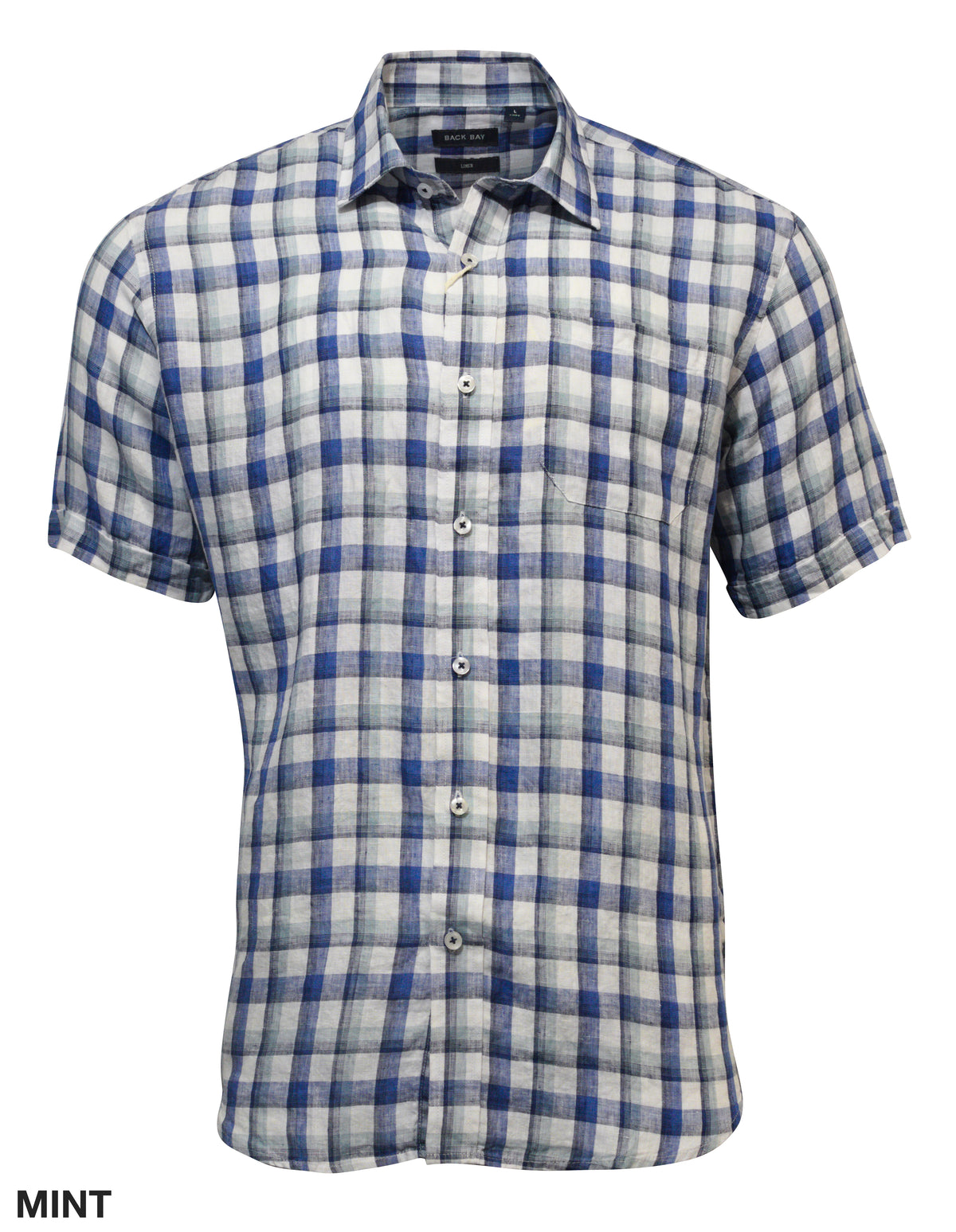 The Back Bay Linen Check Short Sleeve Shirt is stylish and comfortable, featuring a blue, white, and gray checkered pattern with a spread collar and left chest pocket. It's ideal against a plain white background.