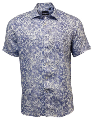 The Back Bay Linen Print Short Sleeve Shirt boasts a stylish blue and white floral and leaf pattern on a light background, offering a tropical and casual vibe.