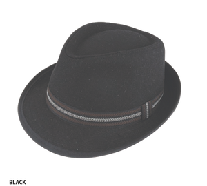 Introducing the Avenel Harold Hat: a black trilby style hat by Avenel that features a sophisticated black and gray striped band around the base. Crafted from a premium wool blend, this hat boasts a classic shape with an elegant pinched front and a gently curved brim, set against a plain white background.