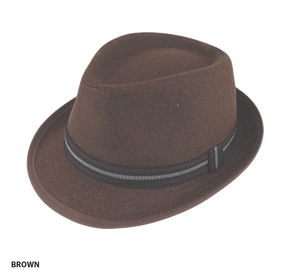 The Avenel Harold Hat is a brown wool blend fedora with a black and gray striped band around the base, crafted in Avenel's signature trilby style.