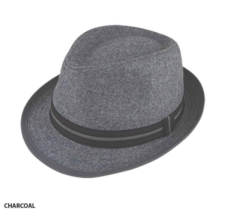 Avenel's Harold Hat in charcoal gray is a trilby-style hat that features a black band and mesh detail around the base. The hat boasts a slightly indented crown and a curved brim. The word "charcoal" is written in black lowercase letters at the bottom left corner, adding a subtle touch to this wool blend accessory.