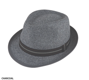 Avenel's Harold Hat in charcoal gray is a trilby-style hat that features a black band and mesh detail around the base. The hat boasts a slightly indented crown and a curved brim. The word "charcoal" is written in black lowercase letters at the bottom left corner, adding a subtle touch to this wool blend accessory.