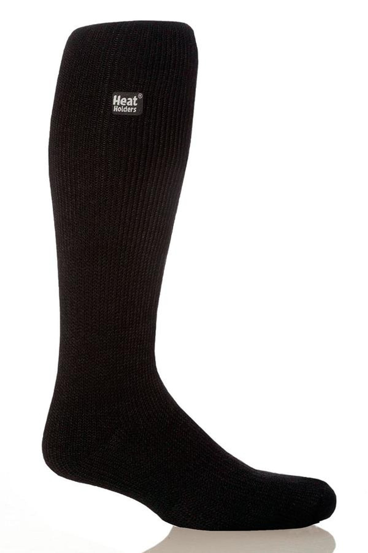 A single, black, knee-high Heat Holders Long Sock with insulation and a ribbed texture is displayed against a white background. A small logo near the top reads "Heat Holders." The sock is designed to provide extra warmth and comfort.