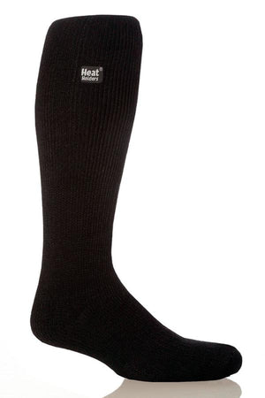 A single, black, knee-high Heat Holders Long Sock with insulation and a ribbed texture is displayed against a white background. A small logo near the top reads "Heat Holders." The sock is designed to provide extra warmth and comfort.