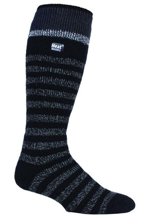 A single Heat Holders Long Sock in black, featuring grey and dark blue stripes. This knee-high, insulated sock has a small white label near the top that reads "Heat Holders." The material is thick and warm, making it an ideal thermal sock for chilly weather.