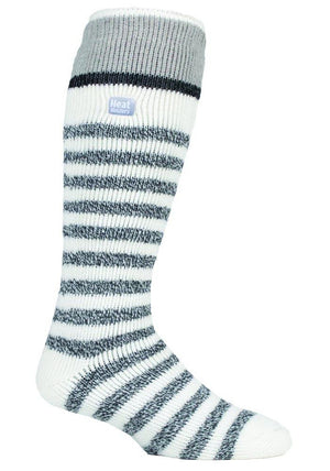 The Heat Holders Long Sock, a knee-high with gray and white horizontal stripes, features an insulated design for warmth. Its light gray top band showcases the "Heat Holders" logo, emphasizing its status as a top thermal sock for cozy comfort.