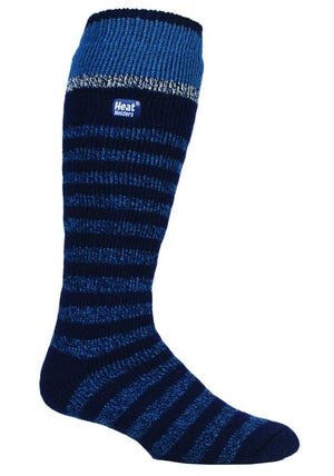 The Heat Holders Long Sock is a knee-high thermal sock with dark and light blue stripes featuring a thick, textured knit for warmth and comfort. It's labeled "Heat Holders" near the top.