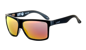 Liive Hoy 4 Mirror Polar Float Sunglasses with black floating, rectangular frames, reflective orange-yellow UV-protected lenses, and "LINE" branding on the temples and front. Shown on a plain white background.