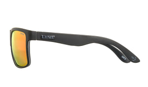 Side view of Liive Hoy 4 Mirror Polar Float Sunglasses with a black floating frame and orange mirrored UV-protective lenses. "LIVE" is on the arm, an anchor symbol near the tip, all set against a white background.