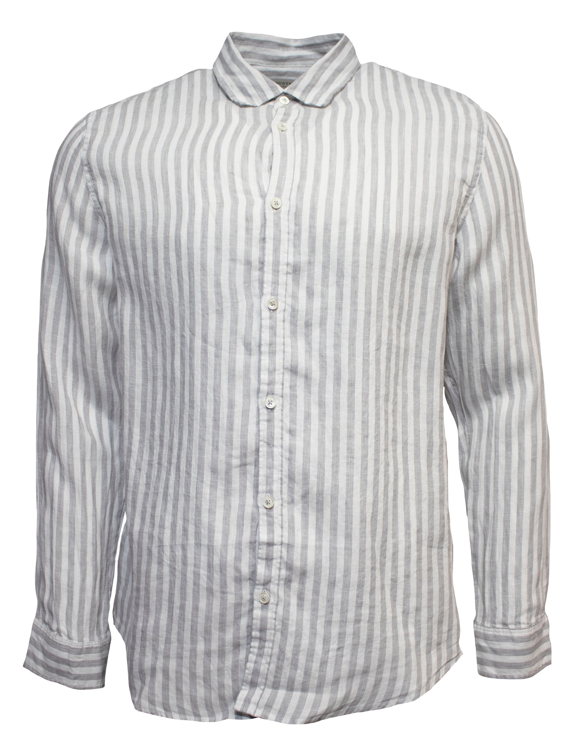 The Industrie The Bayshore Linen Shirt is a long-sleeved, button-down shirt with light gray and white vertical stripes, crafted from 100% linen. It features a classic collar and offers a crisp yet comfortable formal appearance.