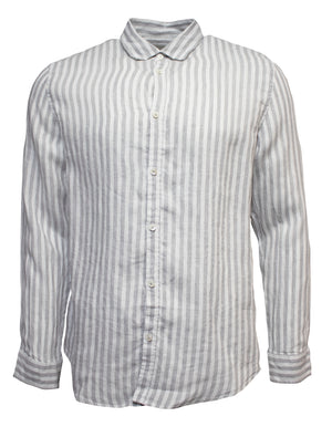 The Industrie The Bayshore Linen Shirt is a long-sleeved, button-down shirt with light gray and white vertical stripes, crafted from 100% linen. It features a classic collar and offers a crisp yet comfortable formal appearance.