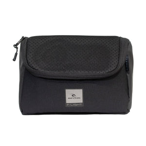 The compact Rip Curl F-Light Toiletry Midnight bag in black features water-resistant polyester, a zippered mesh top, and a brand logo on the front patch.