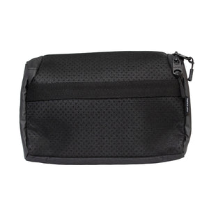 The Rip Curl F-Light Toiletry Midnight bag features a black mesh design with a smooth front panel and side seams. It includes a metal zipper with an attached tag in the top right corner, showcasing the visible texture of its durable recycled material.