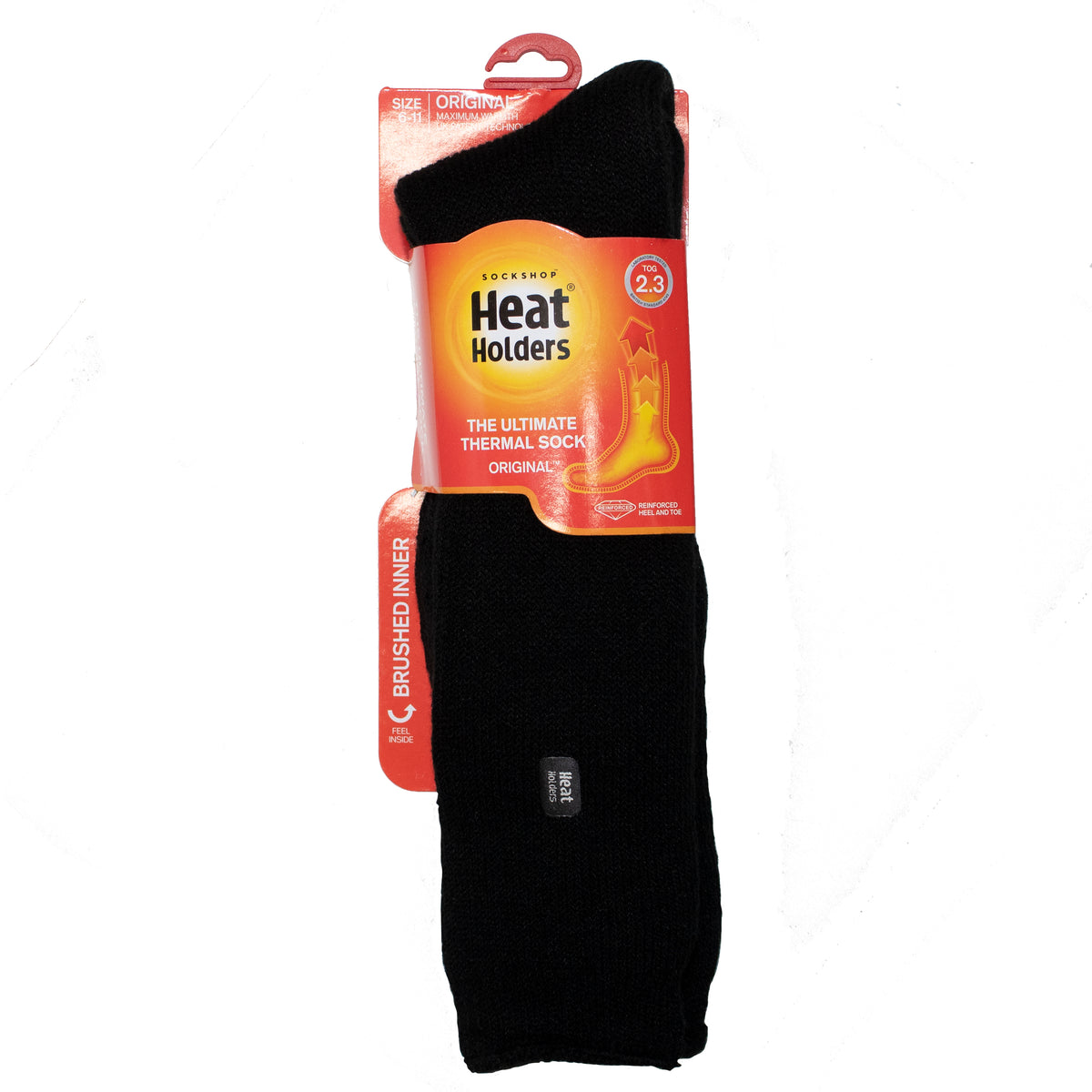 A package of black Heat Holders Long Socks is displayed against a white background. The packaging features bright red graphics with orange accents and text stating "The Ultimate Thermal Sock" and "2.3 Tog Rating." The highly insulated package highlights a "Brushed Inner.