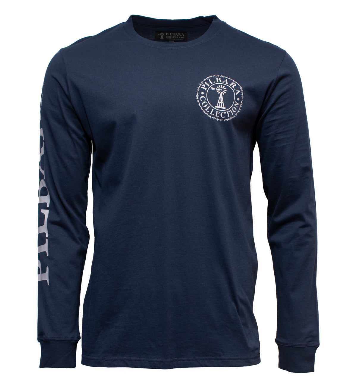 The Pilbara Long Sleeve T-Shirt is a navy blue casual shirt made from 100% cotton, featuring a round logo on the chest with a lighthouse and "Hilbay Collection" text; the sleeve has "Hilbay" printed in white, styled like a classic Ritemate T-shirt.