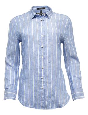 The Pilbara Ladies Linen Swiss Tab Shirt is made from 100% linen and showcases a blue and white vertical stripe design with a classic collar against a pristine white background.