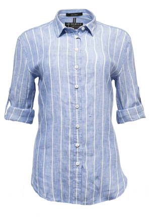The Pilbara Ladies Linen Swiss Tab Shirt in light blue boasts white vertical stripes. Made from 100% linen, it has rolled-up sleeves to the elbows and a classic collar for a timeless look.