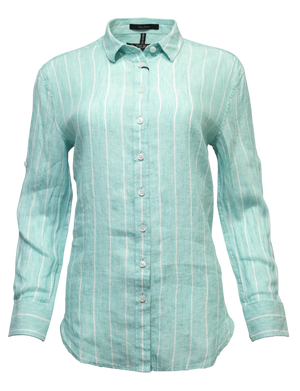 The Pilbara Ladies Linen Swiss Tab Shirt by Ritemate boasts a classic collar and long sleeves in light blue and white stripes. Made from 100% linen, it offers comfort with its lightweight design.