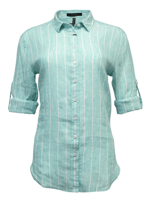 Introducing the Pilbara Ladies Linen Swiss Tab Shirt in light teal, made from 100% linen with long sleeves and white pinstripes. Sleeves roll up and secure with button tabs for a polished yet casual look.