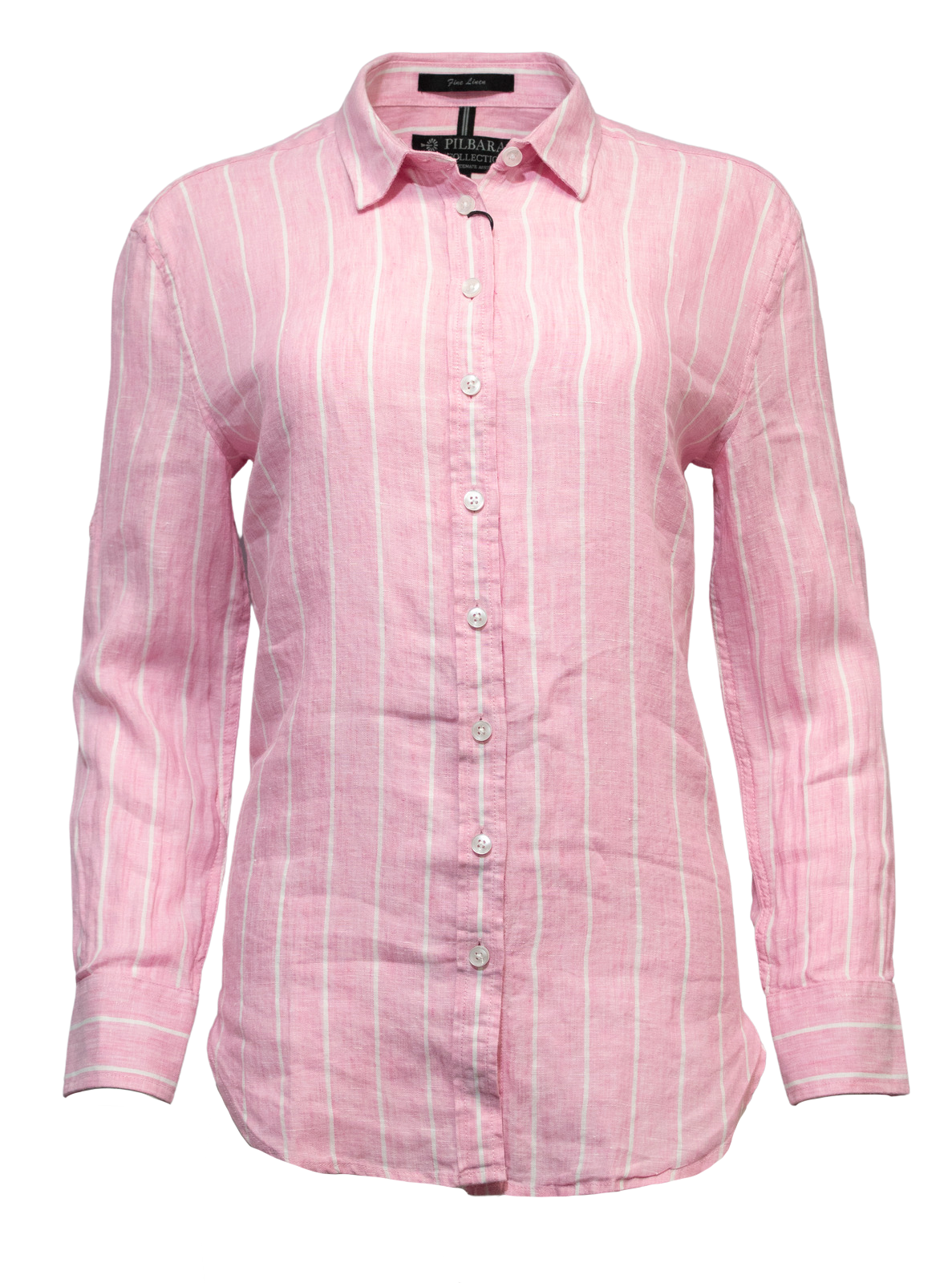 The Pilbara Ladies Linen Swiss Tab Shirt, made from 100% linen, features vertical white stripes on pink with a collar and cuffs. Posed on a plain white background, it highlights its casual yet classic design seamlessly.