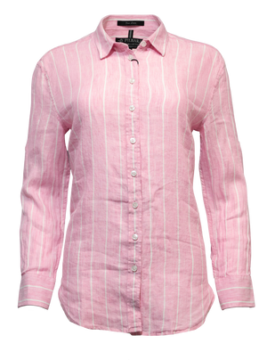The Pilbara Ladies Linen Swiss Tab Shirt, made from 100% linen, features vertical white stripes on pink with a collar and cuffs. Posed on a plain white background, it highlights its casual yet classic design seamlessly.