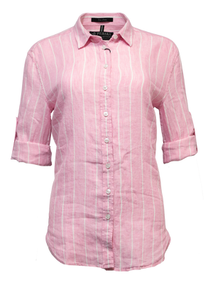 The Pilbara Ladies Linen Swiss Tab Shirt is a pink button-up with white vertical stripes, featuring a casual style and rolled sleeves. Made from 100% linen, it's lightweight, breathable, and ideal for effortless fashion.