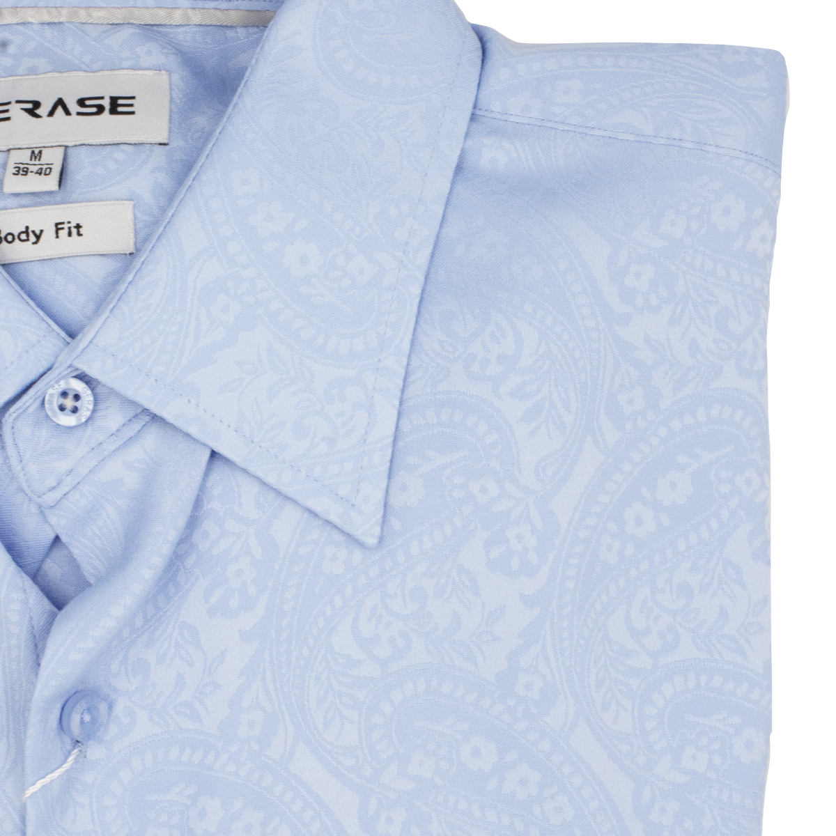 The Gerase Paisley Print Dress Shirt is a folded, light blue, long-sleeved garment in size "M" with a "Body Fit." It features a collar, buttons, and smooth bamboo fiber fabric.