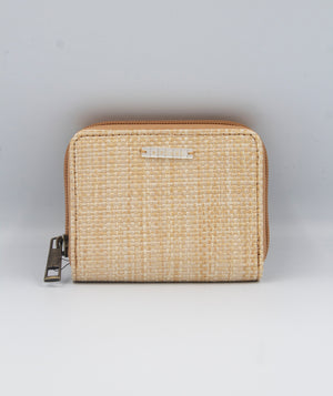 A Rip Curl Sunset Palms mid-sized wallet, rectangular and beige with a woven texture, is centered on a light gray background. It features a left-sided zipper closure and a front metallic brand plate.
