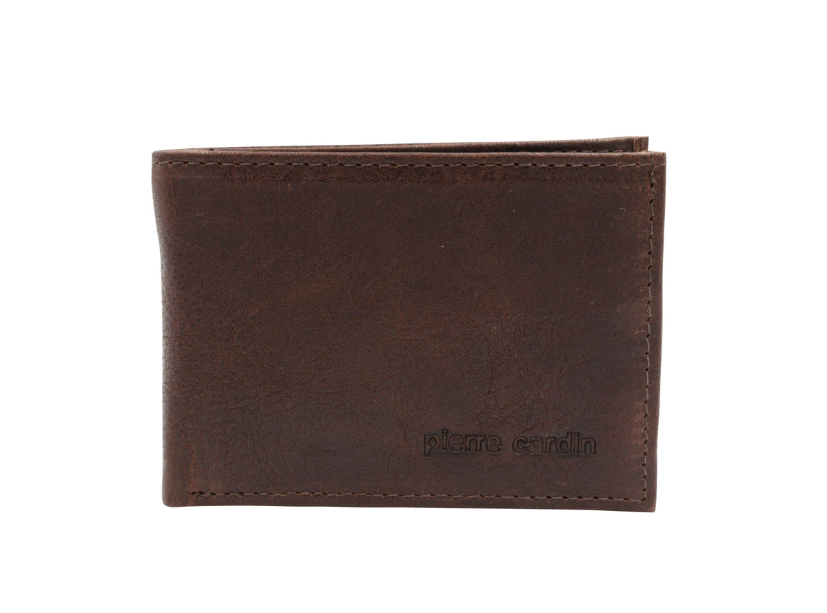 The Pierre Cardin Wallet is a brown leather bi-fold crafted from Genuine Italian Leather, featuring a minimal design. The brand "Pierre Cardin" is subtly embossed in small letters on the lower right corner of the wallet's front side. This slim wallet also includes RFID protection to keep your cards safe and secure.