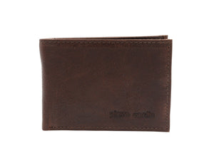 The Pierre Cardin Wallet is a brown leather bi-fold crafted from Genuine Italian Leather, featuring a minimal design. The brand "Pierre Cardin" is subtly embossed in small letters on the lower right corner of the wallet's front side. This slim wallet also includes RFID protection to keep your cards safe and secure.