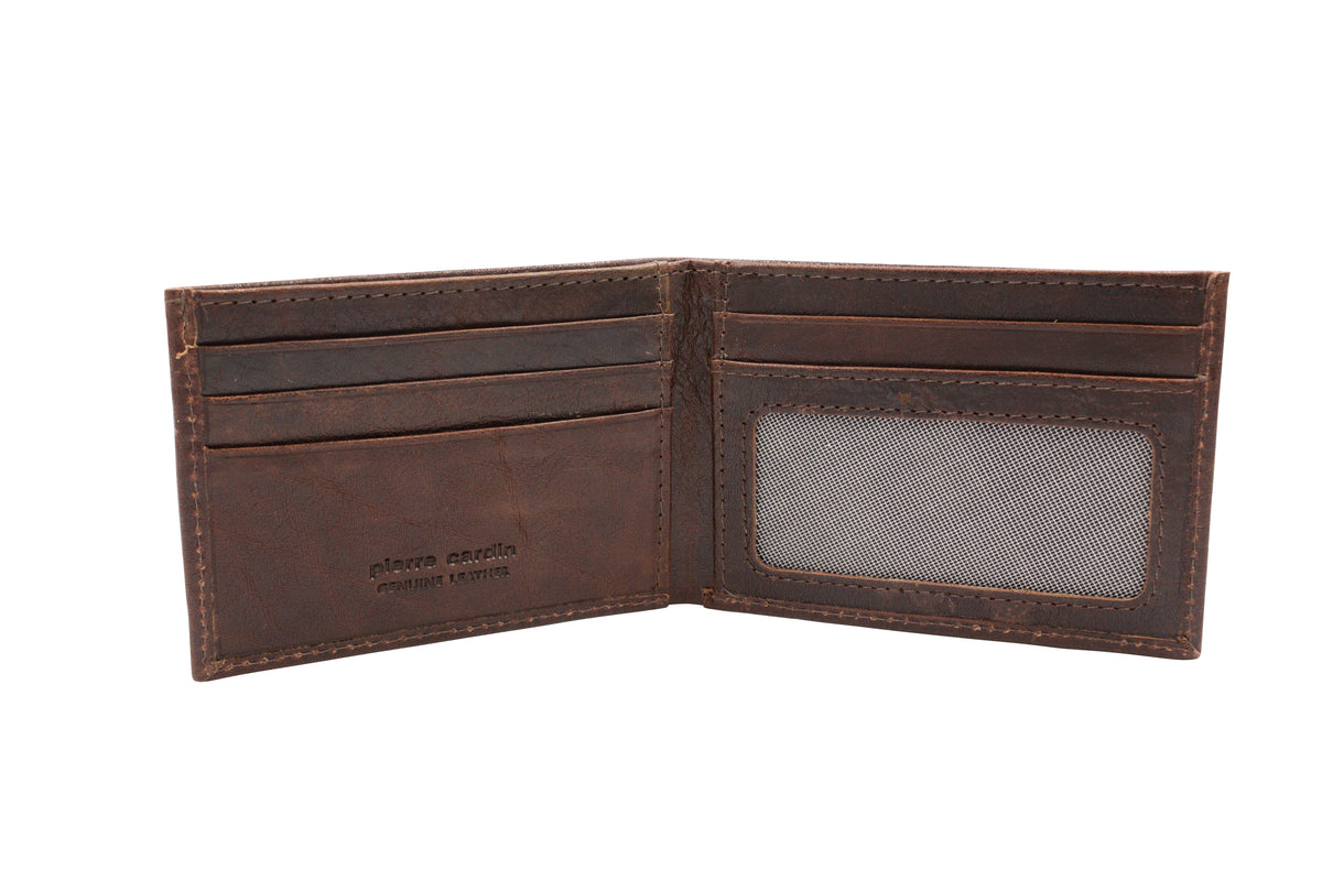 An empty, open Pierre Cardin Wallet made of Genuine Italian Leather with several card slots on the left side and a transparent ID slot on the right. This slim design features visible stitching, RFID protection, and a debossed "pierre cardin" logo partially visible on the bottom left side.