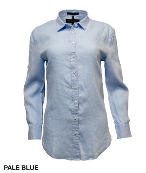 A Ritemate Pilbara Ladies Linen Shirt in pale blue is displayed against a white background. The tailored-fit linen shirt features a collar, buttons down the front, and adjustable long sleeves with a button tab. "PALE BLUE" is written in bold black text at the bottom left corner.