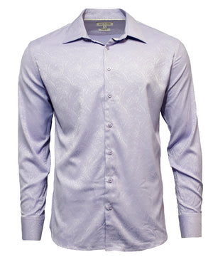 The Gerase Paisley Print Dress Shirt is a long-sleeved, light purple shirt made from soft bamboo fiber, featuring subtle paisley prints. It includes a button-up front and a classic collar, elegantly showcased on a plain white background.