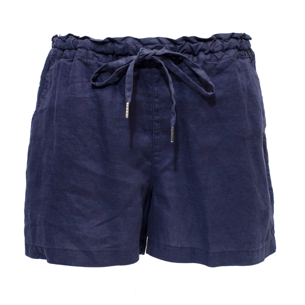 The Pilbara Ladies Linen Short in navy blue features an elasticized ruffled waistband and a drawstring tie, offering a relaxed fit. It's crafted from 100% lightweight linen for comfort.