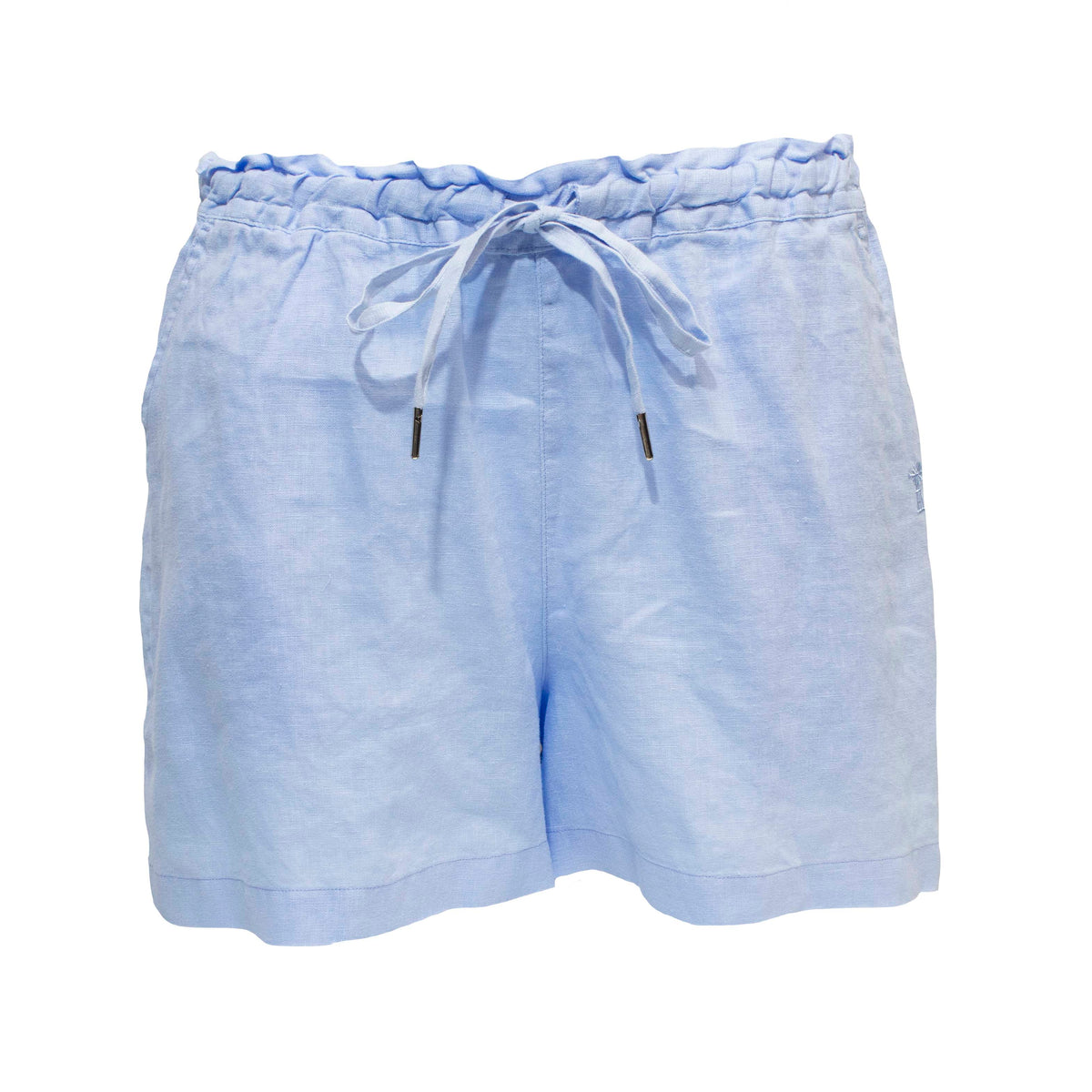 The Pilbara Ladies Linen Short in light blue is crafted from 100% linen and features a ruffled, elasticised waistband with a drawstring tie. These shorts have a relaxed fit for a casual and comfortable style.