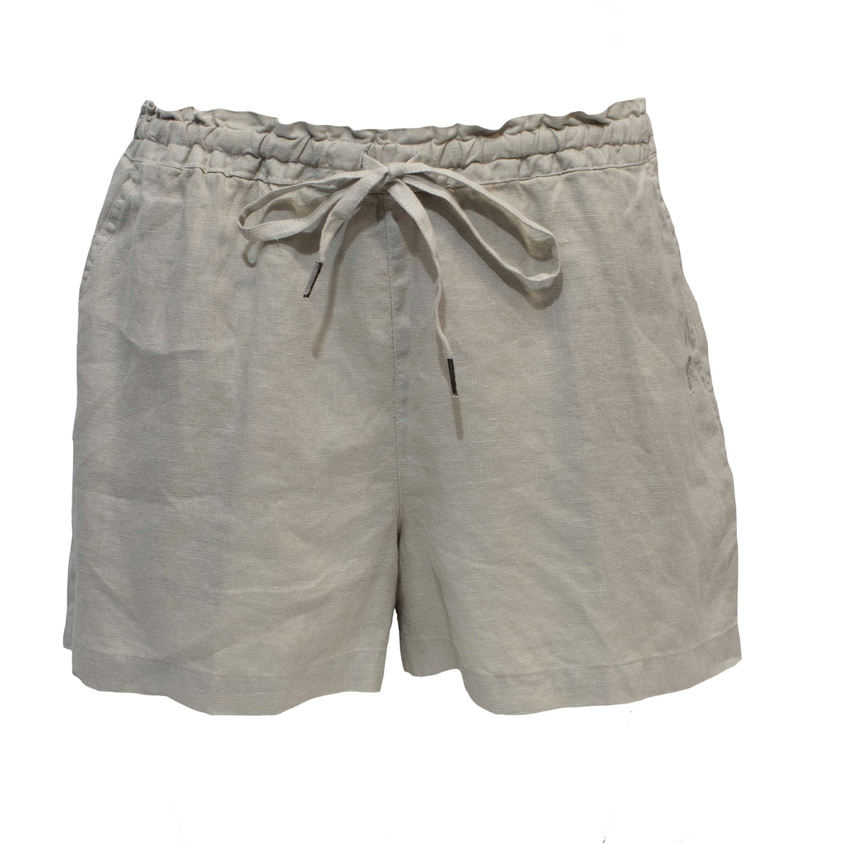 The Pilbara Ladies Linen Short in light gray features an elasticized waistband with a front drawstring, crafted from 100% linen for a relaxed fit ideal for warm weather.