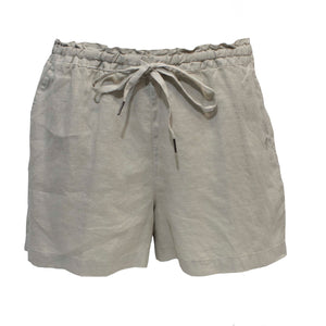 The Pilbara Ladies Linen Short in light gray features an elasticized waistband with a front drawstring, crafted from 100% linen for a relaxed fit ideal for warm weather.