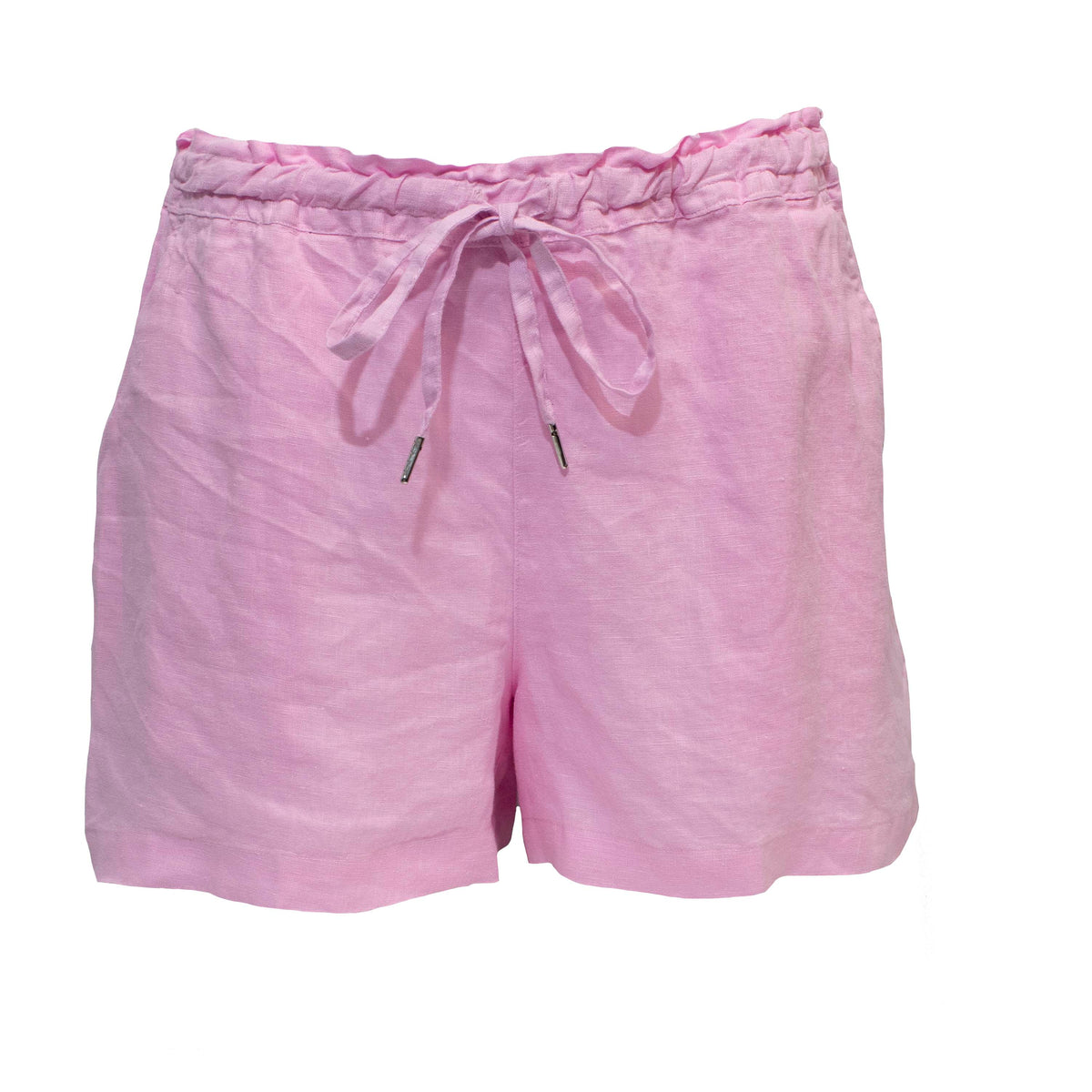 The Pilbara Ladies Linen Short is crafted from 100% pink linen and features a relaxed fit with a wavy elastic waistband and matching drawstring, offering a soft texture perfect for casual wear.