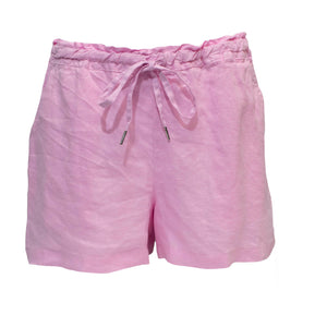 The Pilbara Ladies Linen Short is crafted from 100% pink linen and features a relaxed fit with a wavy elastic waistband and matching drawstring, offering a soft texture perfect for casual wear.